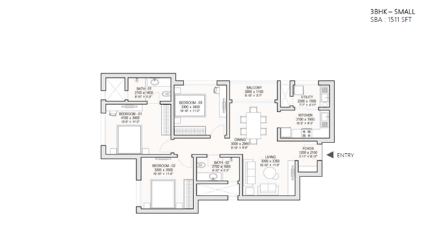 Sobha One World 3 BHK Small Floor Plan