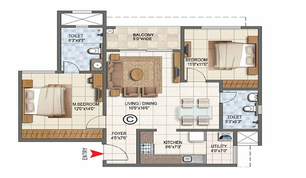 2 BHK floor plan of Sobha One World