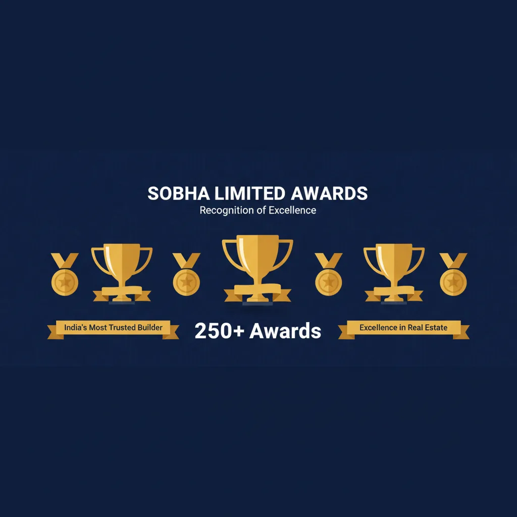 Sobha Limited Awards hero banner showcasing 250+ industry prizes with trophy icons and gold medal elements