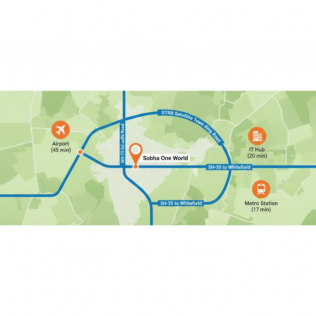 Sobha One World Connectivity map showing NH-75, STRR, and SH-35 road connections to Whitefield IT hub, Kempegowda Airport, and metro access