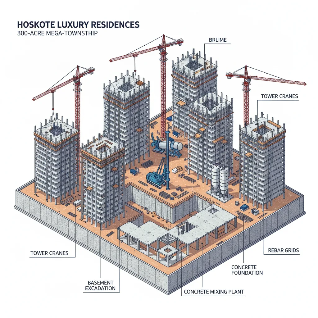 Aerial drone view of Sobha One World construction site showing tower cranes, basement excavation, steel rebar grids, and Mivan aluminum formwork systems in Hoskote