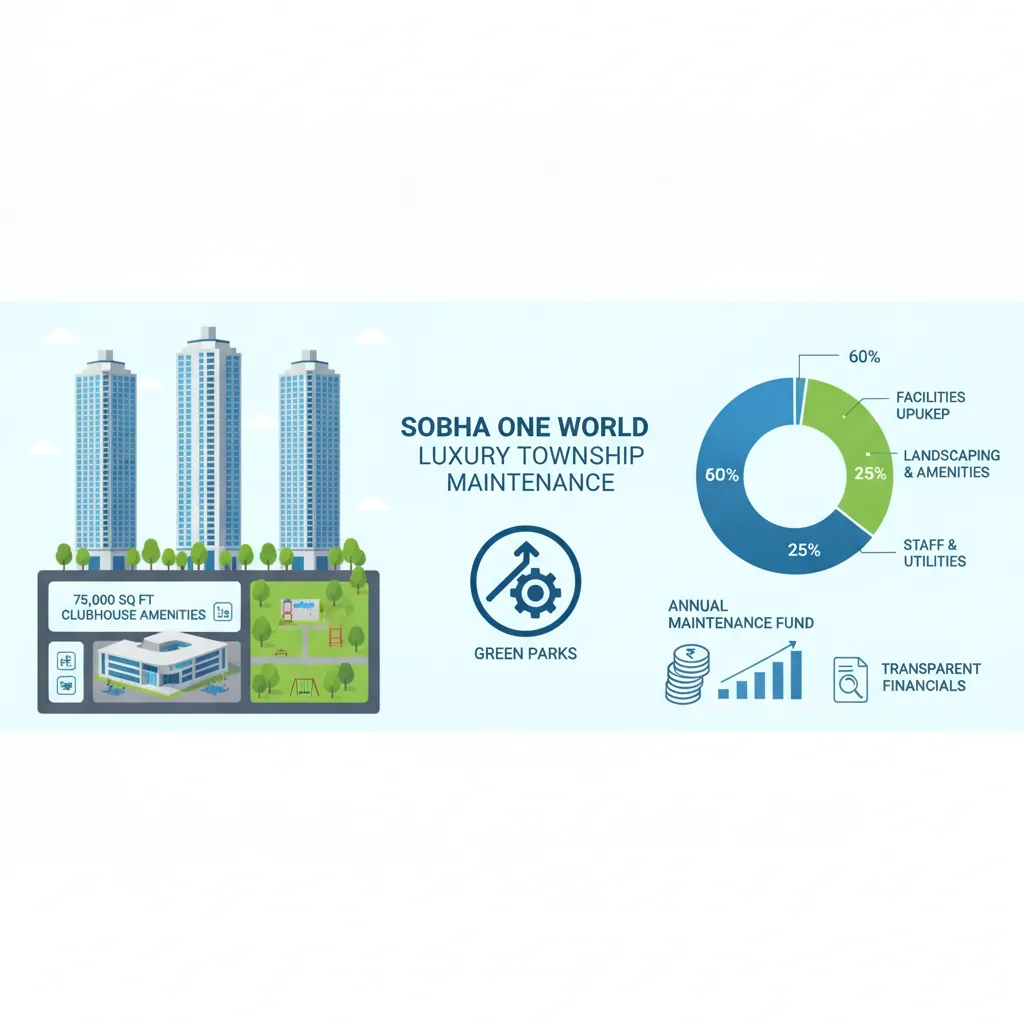 Sobha One World Maintenance Charges - Professional infographic showing luxury township towers, clubhouse amenities, and financial breakdown