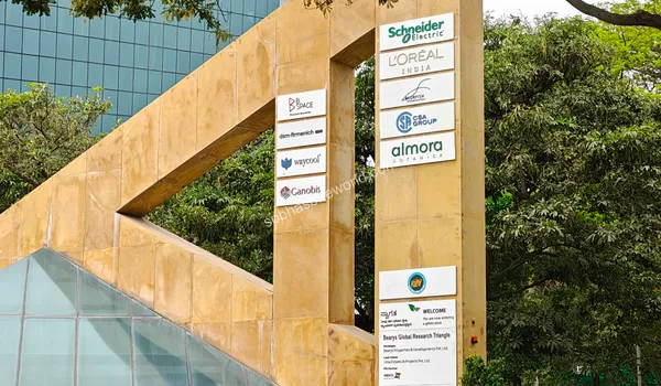 Low angle shot showcasing the modern commercial workspace facades surrounding the Sobha One World location