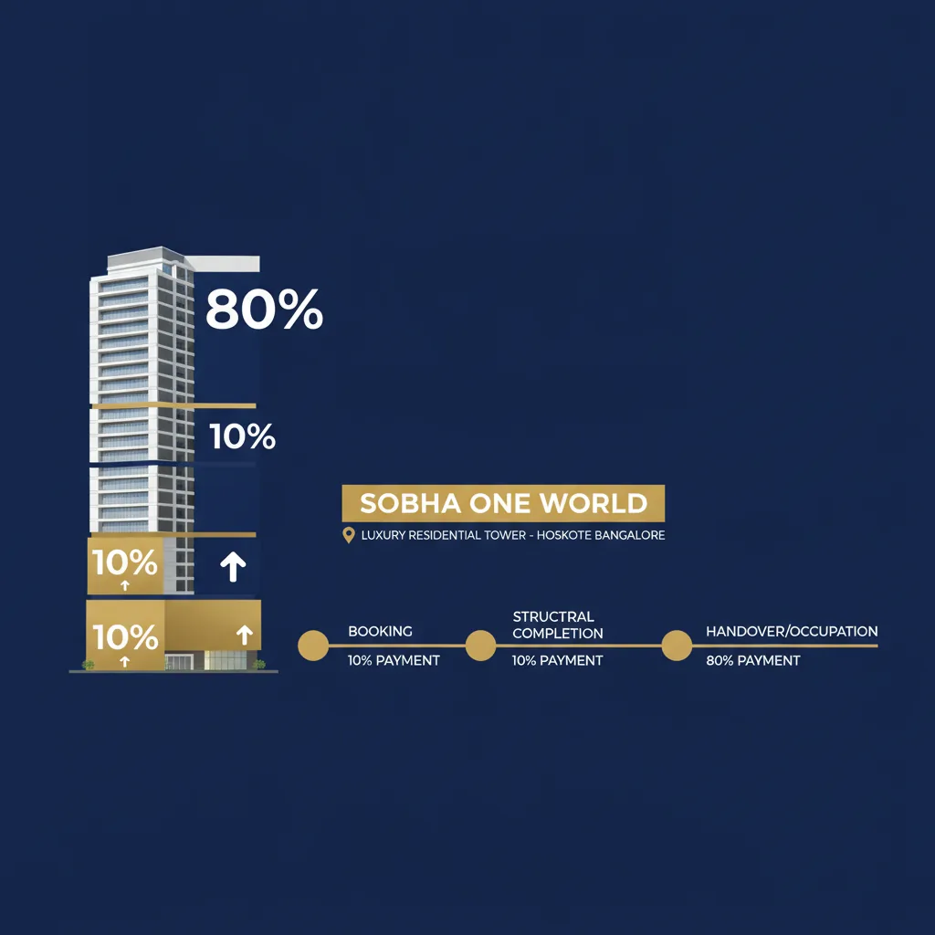 Modern real estate infographic showing Sobha One World 10:10:80 payment plan structure with construction milestones, percentage breakdowns, and timeline visualization